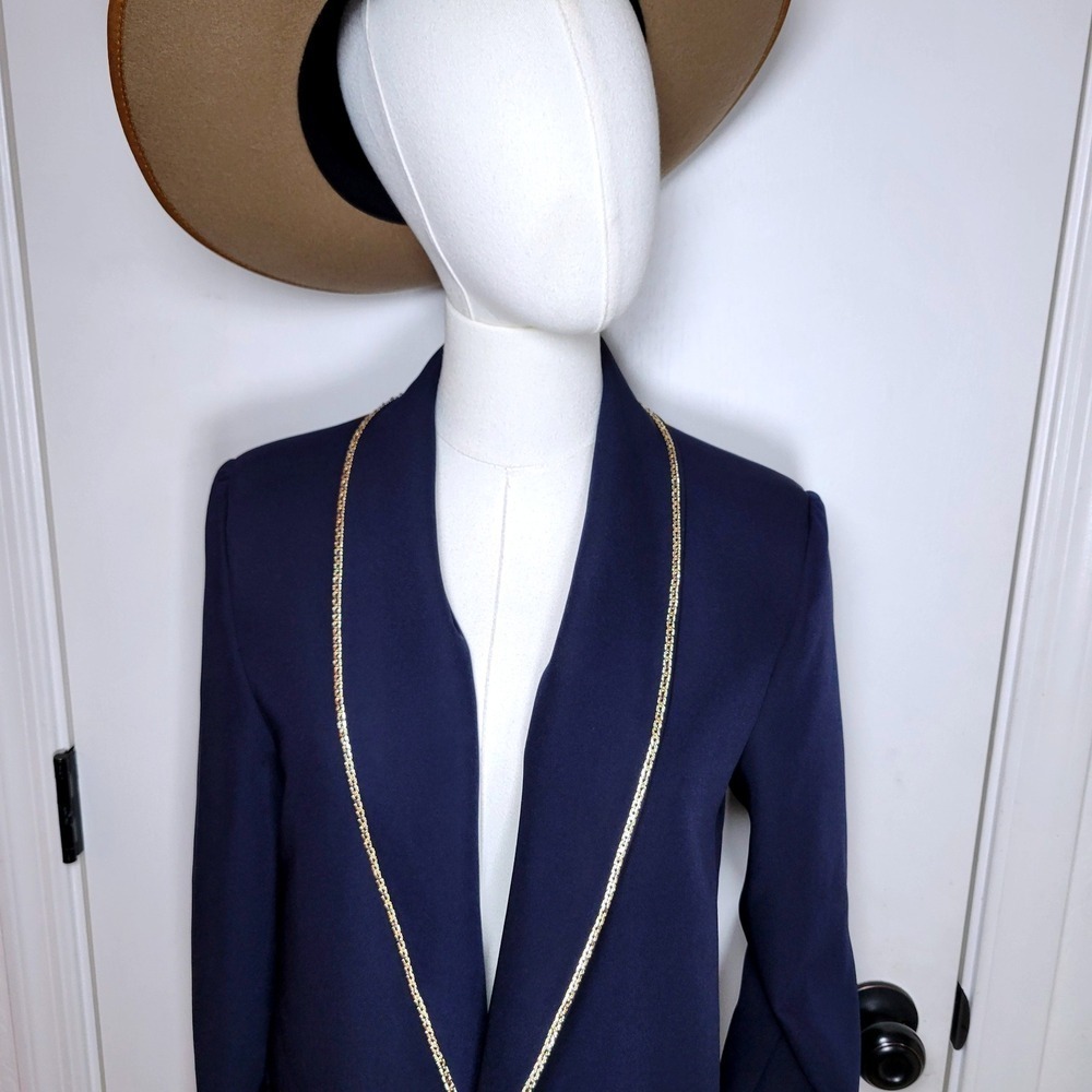 Vici Navy Blue Gold Chain Trim Blazer Cardigan Blazer Size Small Elegant Chic - Picture 4 of 11